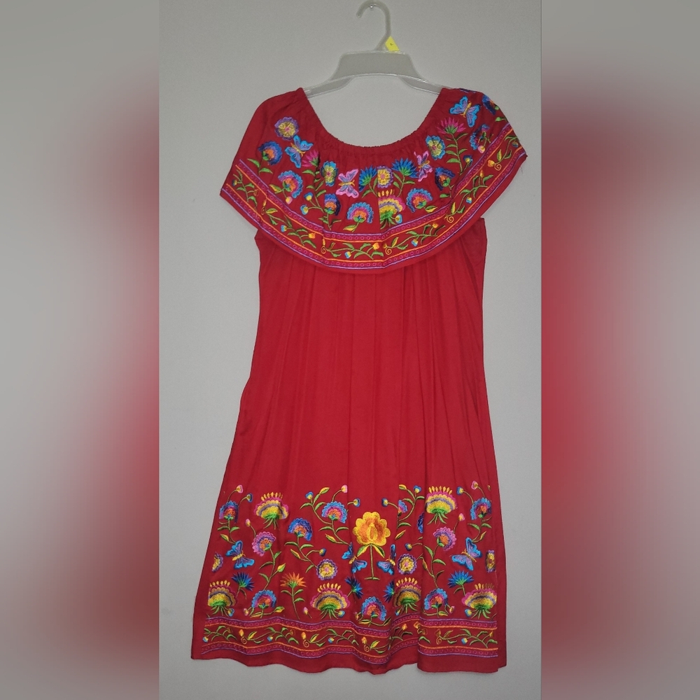 Mexican Floral Embroidered Red Mini Dress